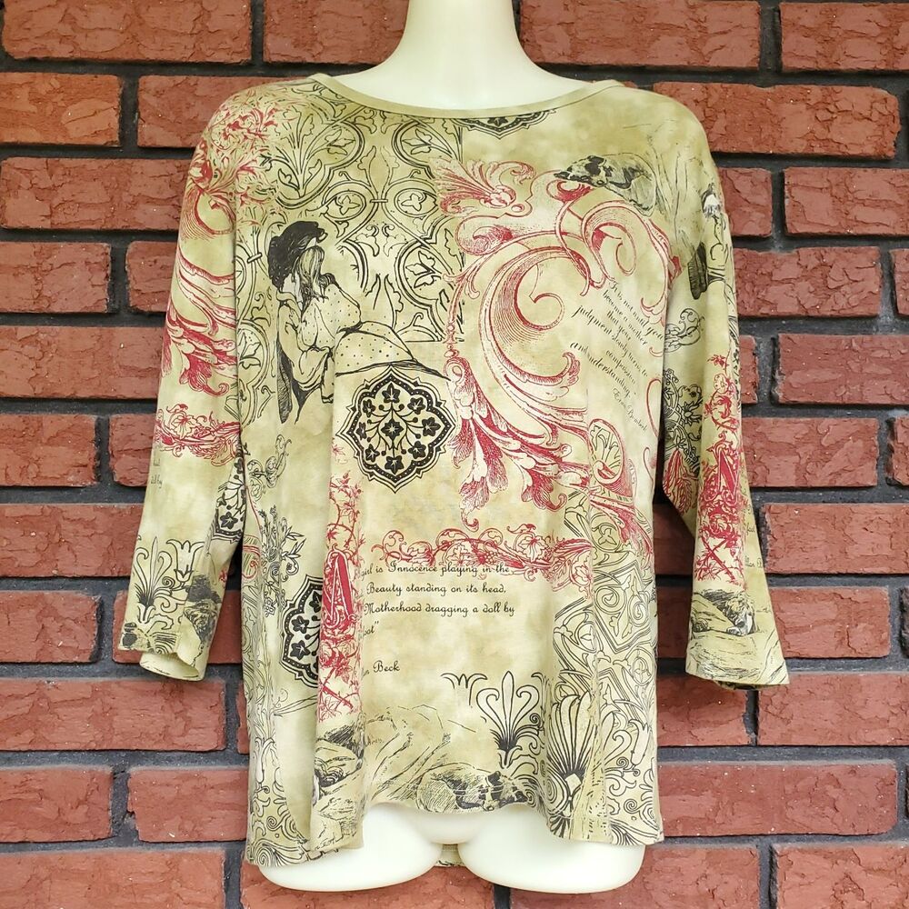 Glima Top Size XL Cotton 3/4 Sleeve Y2K Graphic Print Motherhood Mom Theme Green